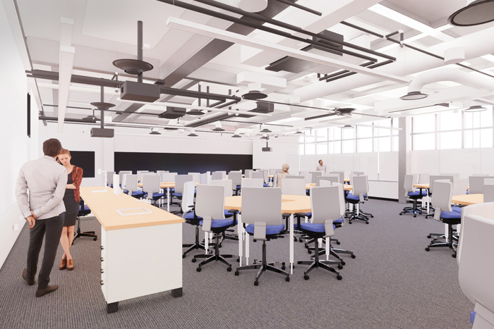 Archtectural rendering of the interior of an active learning classroom