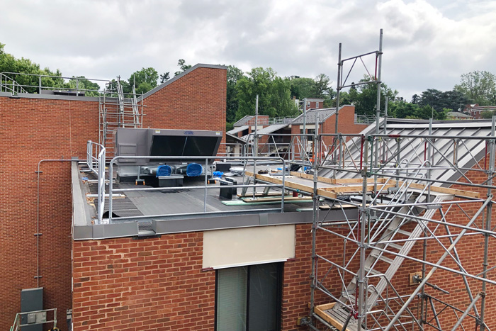 Scaffolding in place on an apartment building