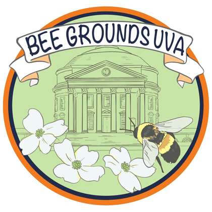 Illustrated logo featuring a bee and three flowers, with the Rotunda in the background and a banner saying 'Bee Grounds UVA'